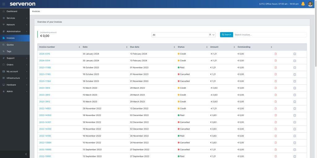 Serverion Portal Maatwerk Software - Overzicht facturen