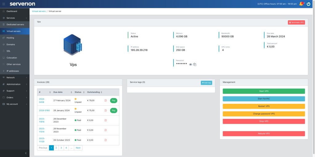 Serverion Portal Maatwerk Software - VPS beheermodule